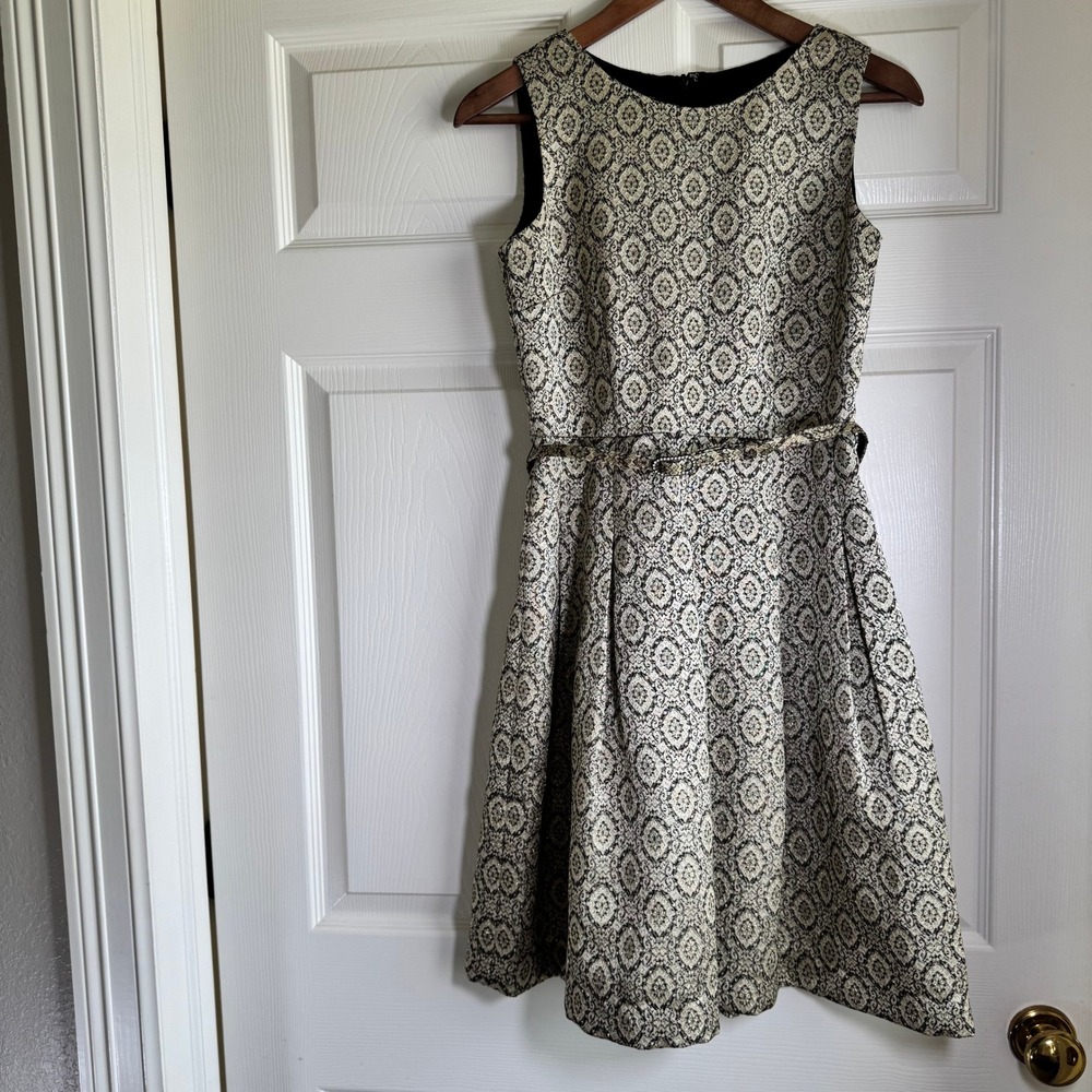Talbots Womens Size 2 Gold‎ Black Jacquard Fit Flare Dress Rhinestone Belt - Picture 15 of 16